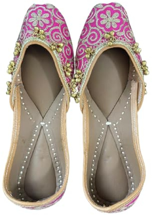 Traditional Indian Handcrafted Juttis, Pink and Silver Floral Pattern, Gold Bells, Leather Ballet Flats (US Footwear Size System, Adult, Women, Numeric, Medium, 9)