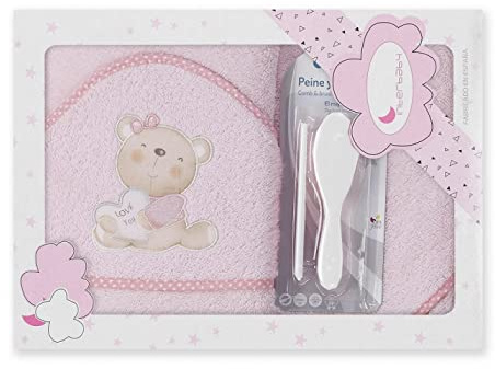 Interbaby P1177-02, Asciugamano con cappuccio per neonato LOVE YOU in rosa con Set de Spazzola e Pettine - 900 g