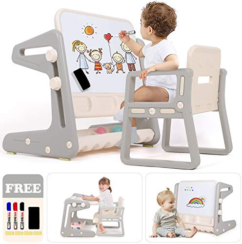Hadwin Kids Table and Chairs, 3-in-1 Activity & Study Table with Chairs, Convertible Kids Art Easel with Magnetic Whiteboard & Storage Tray for Boys & Girls