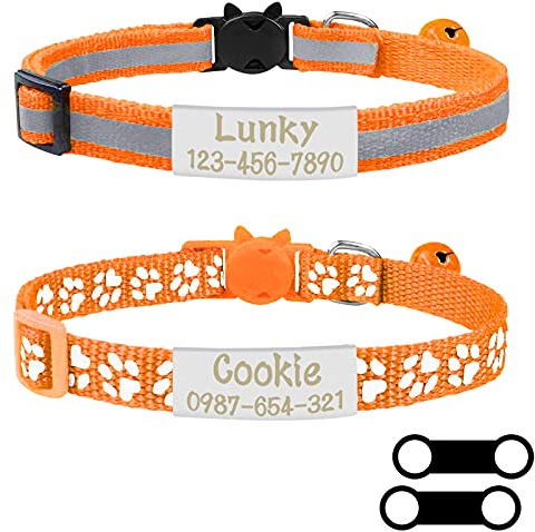 Uiopa 2pzs Collar Gato Antiahogo + 2pzs Chapa Perro Grabada, Collar Gato Personalizado con Cascabeles y Hebilla Seguro de Liberación Rápida, Collar Perro Pequeño Ajustable 19-32cm (Naranja)