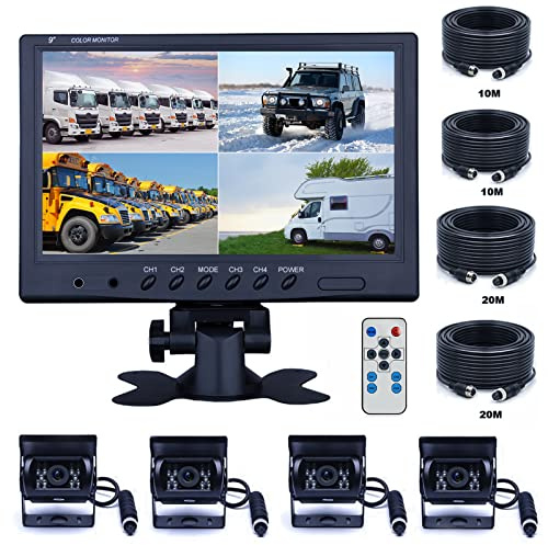 CAMECHO Camara Trasera Kit para Maquinaria Agricola,Monitor de 9 Pulgadas con 4 Cámara Trasera Impermeable,Visión Nocturna Soporte de 4 Canales para Tractor, Camion Remolques Autobús 12V-35V