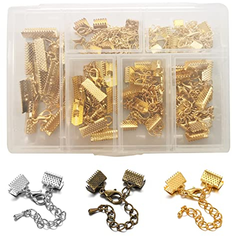 30 Paar Ribbon Crimps Cord Clamp Ends mit Karabinerverschluss und Verlängerungskette, verschiedene Größen Armband Lesezeichen Kappen Leder Prise Crimps Verschlüsse Verschlüsse Mit Box für DIY (Gold)