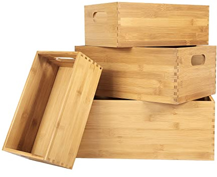 ANMINY Set of 4 Nesting Wooden Crates for Storage, Bamboo Wood Storage Containers Bins, Handmade Natural Large Wooden Storage Boxes Baskets with Handles for Organizing Shelf Closet Cabinet