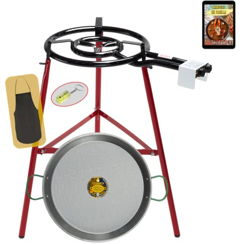 COMBOI - Paellero gas butano 40 cm, paella set bruciatore, paella da 46 cm, supporto gambe rinforzate, livello, grembiule, ricettario digitale.