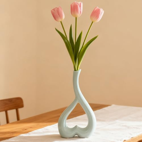 Arawat Ceramica Vaso Cuore Blu Moderno - Tulipano, Fiore, Erba Pampa - Deco Soggiorno, Tavolo - Stile Nordico - Regalo Matrimonio - 26 Cm Decorativo