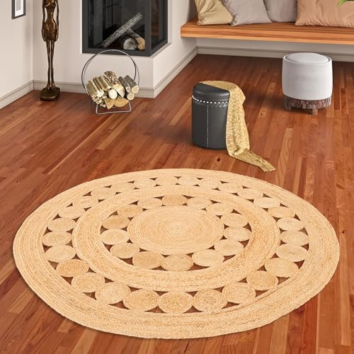 Runder Jute Teppich Salsa - Handgefertigt aus strapazierfähiger Naturfaser - Schlichtes Design mit geflochtenem Muster - Verschiedene Größen verfügbar