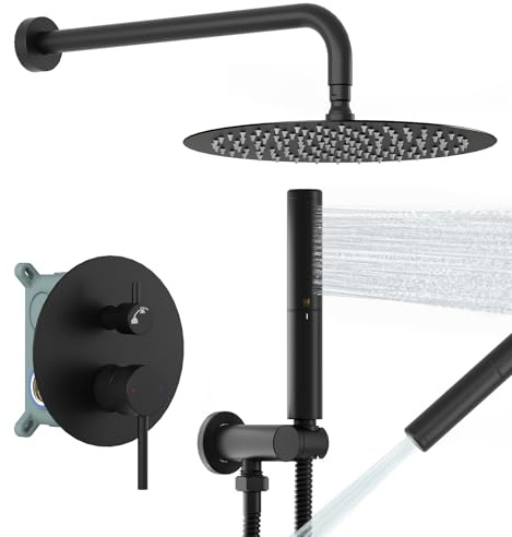 BESy Shower System with 10 Inch Round Rain Shower Head and Handheld Wall Mounted, High Pressure Rainfall Heads Shower Faucet Fixture Combo Set with 2 in 1 Spray Showerhead for Bathroom, Matte Black