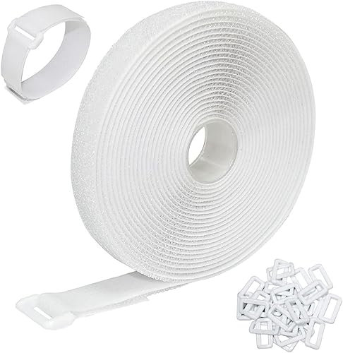 On1shelf® 5m Adjustable Cable Straps with Buckles - Hook and Loop Reusable Fastening Ties for Cable and Cord Organisation (White)