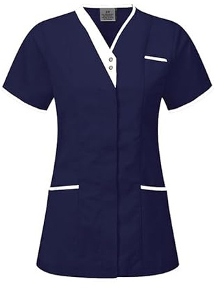 Skywear T25 Healthcare Woman Spa Salon Beautician Cross Neck Tunic Nail Massage Therapist Shirts Top, Navy with White Trim, Size 12
