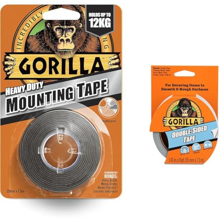 Gorilla Heavy Duty Mounting Tape Black 1.5m & Double Sided Tape 7.3m - Heavy Duty, Strong Adhesive & Indoor/Outdoor Use