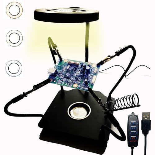 Soldering Station Helping Hands with Magnifying Glass with Light Solder Tool Third Hand Welding Kit PCB Holder Heavy Duty Base Plate | Four Flexible Arms