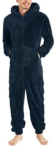 Cexiakong Pijama de una pieza para hombre, de forro polar, cómodo traje de casa, traje de peluche, mono largo, informal, ropa de salón, otoño, invierno, cálido, una pieza, clásico, marine, 5XL