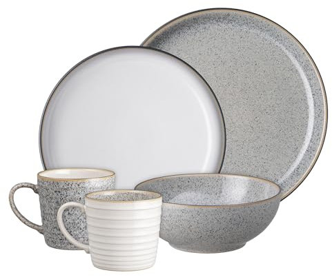 Denby - Studio Grey 16 Piece Dinner Set - Dishwasher & Microwave Safe Stoneware Crockery - Ceramic Plate & Bowl Set - Chip Resistant Tableware - Dinner Plates, Medium Plates, Cereal Bowls & Mugs