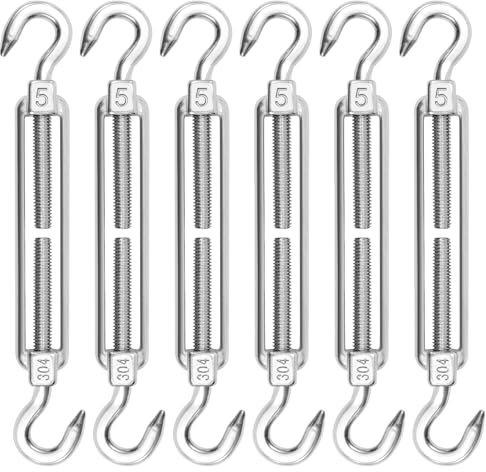 6pcs M5 Tensor Gancho de Acero Inoxidable 304 y Tensor de Gancho y Gancho, Tensor Cable de Alambre de Tensión de la Cuerda Ajustable, Accesorios para Cuerda Cable Toldos Rope y Tendederos