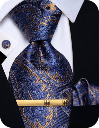 YourTies Cravatte di seta da uomo, motivo scozzese e cachemire, con motivo floreale, gemelli quadrati e fermacravatta, set di fermacravatta per feste, Paisley blu marrone, Taglia unica