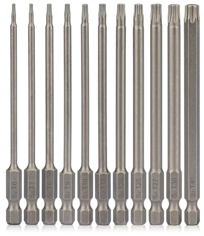 100mm Long Torx Screwdriver Bit Sets, 11 Pcs T6-T40 Star Screwdriver Magnetic Torx Security 1/4 Inch S2 Steel, Torque Impact Driver