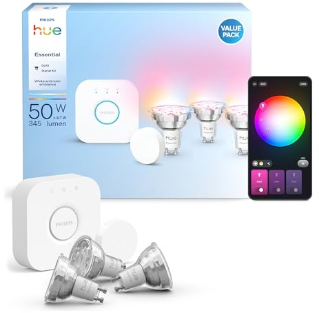 Philips Hue Essential Starter-Set: Bridge + 3 Essential GU10 Smart Leuchtmittel + Smart Button, White und Color Ambiance LED Licht, 2200-6500K, dimmbare LED Lampen, steuerbar mit Sprachassistenten