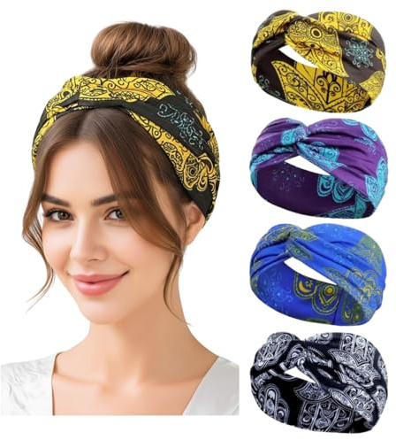 LynixTrade 4 Pack Wide Headbands for Women's Hair Head Bands Adult Women Elastic Head Bands Soft Ladies Boho Fashion Bandanas Knot Twisted Knot Hair Accessories (Multicolor-4pcs, One size)