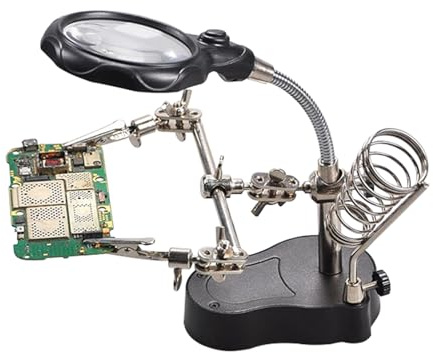 Station de soudage Helping Hands | Station de soudure loupe | Outil d'entraînement manuel réglable avec pinces crocodiles à lumière LED pour soudage, assemblage de circuits imprimés, bijoux, artisanat