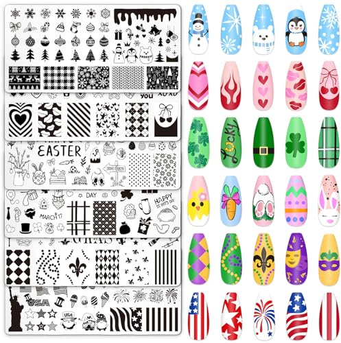 Whaline 6Pcs Winter Valentine St. Patrick's Day Easter Mardi Gras Patriotic Nail Plates Stamp Templates Snowflake Heart Shamrock Egg Mask Star Nail Art Plates for DIY Print Manicure Salon Design