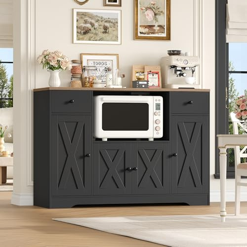 HOCSOK 120 cm Sideboard Küche, Küchenschrank mit Steckdose und Mikrowellenregal, Vorratsschrank Buffetschrank mit Verstellbare Ablagen für Küche, Esszimmer, Wohnzimmer, 120×85×40 cm