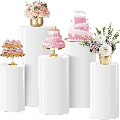 HoldOneLight Soportes de Base Cilíndrica Blanca, Columnas de Exhibición Redondas para Pasteles, Flores, Decoración de Mesa de Fiesta, Boda, Baby Shower, Cumpleaños (5 pcs)