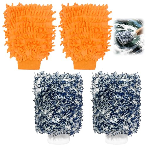 MKtoko Car Wash Mitt Set 4pcs, Double Sided Chenille & Coral Fleece Microfibre Wash Mitts, Super Absorbent Scratch-Free Cleaning Gloves for Car Detailing