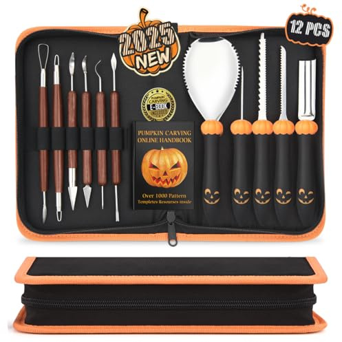 Upgraded Pumpkin Carving Kit for Adults & Kids with Professional Detail Sculpting Tools, Heavy Duty Stainless Steel Knife Set with Carrying Case for Halloween Decoration