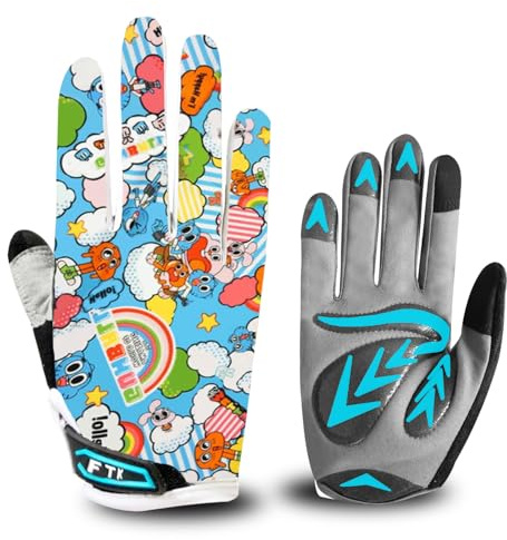 New Kids Cycling Gloves Full Finger Gel Padded Anti Slip Printed Pattern in Light Blue, Bike Gloves Girls Boys Junior Grip Breathable for MTB BMX Dirtbike Ridding Sport Outdoor (Light Blue, S)