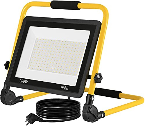 Froadp 200 W LED byggstrålkastare, varmvit strålkastare med vikbygel stativ 3 m strömkabel med kontakt, aluminiumhölje arbet IP66 vattentät, utomhu med blixtskydd för trädgårdsstadier