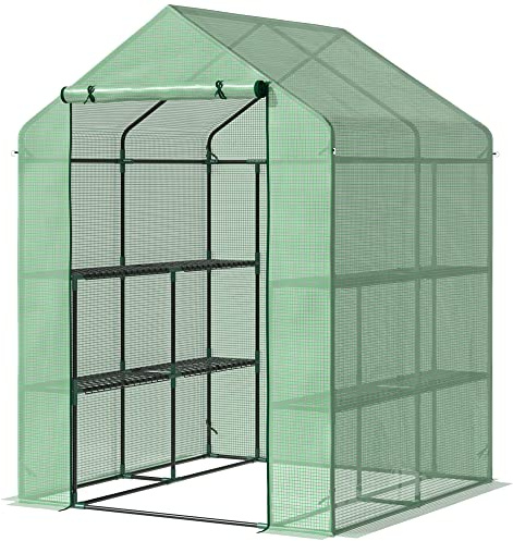 Outsunny Folieväxthus gångjärnsväxthus med 8 hyllnivåer, tomatväxthus, drivhus, drivbänk med dörr, grönt stål, PE-plast, 143 x 138 x 195 cm