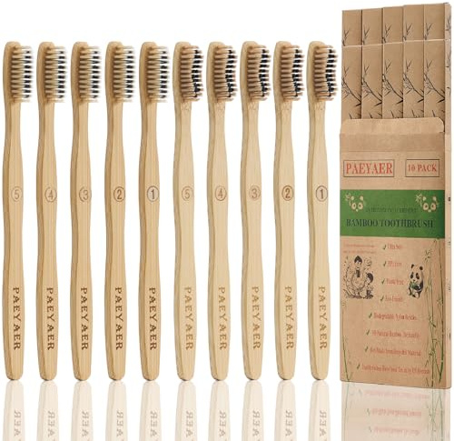paeyaer 10 Count Bamboo Toothbrush (Soft+Medium) Charcoal Toothbrushes, Natural Wood Toothbrush, Reusable Travel Toothbrushes