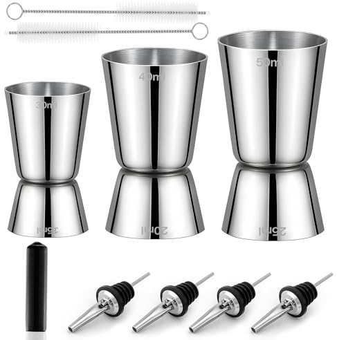 Jigger Cocktail Misurino Doppio per Cocktail 30 ml/40 ml/50 ml Dosatore Cocktail Professionale Acciaio Inox con Tappo Versatore e Spazzola per Bar Vino Bevande Barista 3 Pezzi