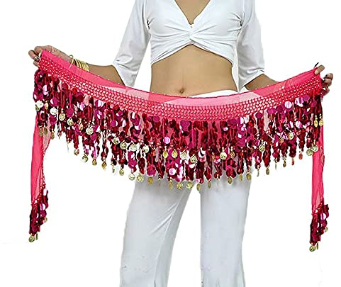 Rubruan Bauchtanz Hüfttuch Taillenkette Gürtel – Professionelles Tanzkostüm Sexy Tanzkleid Rock Outfit Zubehör mit 88 Münzen Pailletten Hüftschal für Damen Mädchen Doppellagig – 160 cm