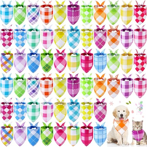 Sweetude 60 Pcs Easter Plaid Dog Bandanas Bulk Easter Pet Scarf Bibs Adjustable Washable Kerchief Holiday Pet Costume Accessories Grooming Supplies for Small to Large Cats Dogs
