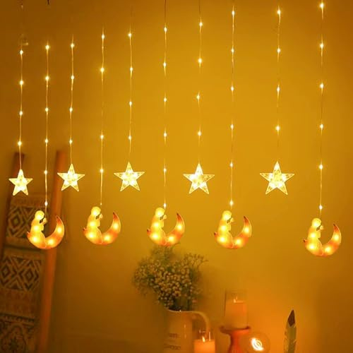 DAZZTIME Ramadan ljusslinga, 100 LED ramadan, ljus, stjärna, måne, ljusslingor, stjärnmåne, ljuskedjor, 3 m, ljusslinga batteri, med 8 blinkande lägen, fjärrkontroll, för Ramadan, fest, fönster.