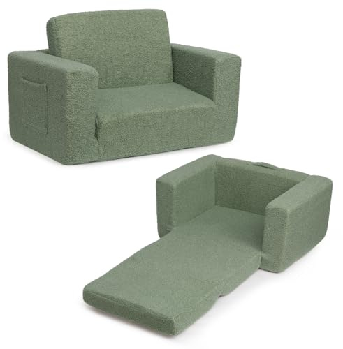 Bejoy Barnsoffa, hopfällbar 2-i-1-bäddsoffa, barnfåtölj i flanell, för barnrum, barnens dag, fin födelsedagspresent för flickor och pojkar, lagergrön