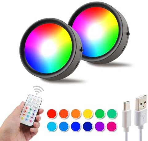 da LIGHT Set de 2 luces LED para debajo de muebles, focos RGBW con mando a distancia, luces de armario inalámbricas con batería, iluminación de armario regulable en color negro para escaleras, vitrina