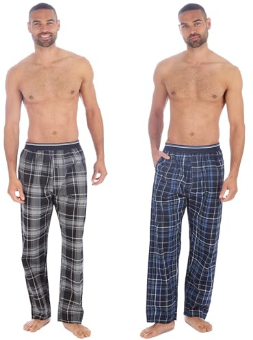 INSIGNIA 2 Pack Mens Woven Check Pyjama Lounge Bottoms Pants (Navy & Black, XL)