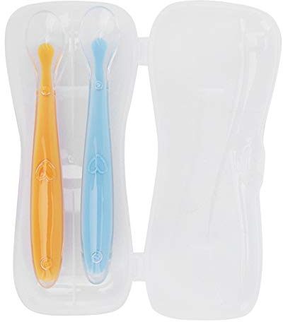 Cuillères pour bébé en Silicone avec étui de Rangement, Cuillères à Pointe Souple en Silicone de qualité Alimentaire Résistant aux Hautes Températures (Jaune Bleu)