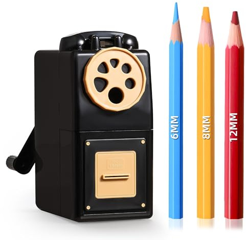 ZMOL Manueller Kurbe Anspitzer für Buntstifte, 6 Größen für 6-12 mm Buntstifte Anspitzer mit Einstellbare Spitze, für Kinder, Studentin, Klassenzimmer, Zuhause/Büro/Schule, Schwarz.