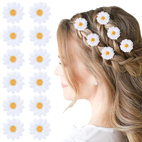 12 Horquillas de Flores de 4 cm, Flores Blancas de Girasoles Vintage con Pinza de Cocodrilo - Accesorios para el Cabello de Mujer, Adornos para Novias de Boda