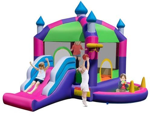 COSTWAY Kids Bouncy Castle, 5 in 1 Inflatable Bounce House with Slide, Basketball Hoop, Ring-toss Game, Sun Roof and Carrying Bag, Children Blow Up Jumper for Indoor Outdoor (without Blower)