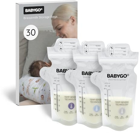 BABYGO® 30 Pcs Disposable Breast Milk Storage Bags – BPA-Free, Leak-Proof, Pre-Sterilised Breastmilk Storage Pouches with Temperature Sensor, Easy Pour Spout & Labels, Freezer & Fridge Safe