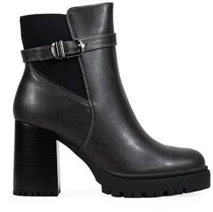 BOSANOVA Botines de tacón para Mujer con elástico Lateral y Tira con Hebilla metálica. Suela Dentada de Plataforma con tacón y Cierre Cremallera Calzado para Mujer Gris 37