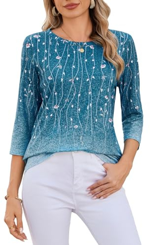 Zeagoo Womens 3/4 Sleeve Tops Crew Neck T Shirts Ladies Blouses Summer Fashion Teal L