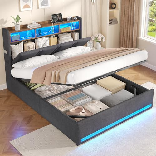 AOGLLATI Lit Coffre 140x190 avec Rangement Hydraulique, Lumières LED et Prise, Tête de Lit avec 3 Étagères Ouvertes & Compartiment Caché, Sommier à Lattes, Lit 2 Personnes, Sans Matelas,Lin Gris Foncé