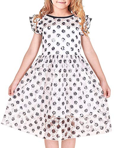 Sunny Fashion Robe Fille Dentelle Noir Point Plissé Manche Partie Été Robe d'été 6 Ans