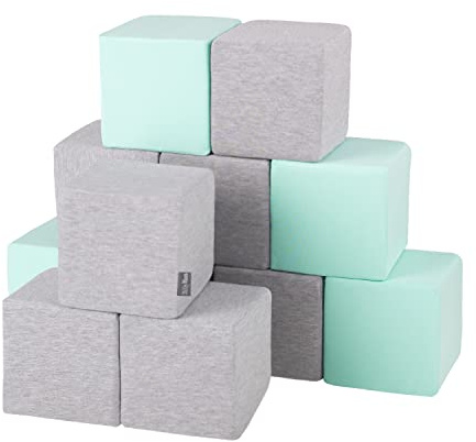 KiddyMoon Skumkub 14 cm, mjuka block, 12 stycken för barn, mjuka byggstenar UE, block: Ljusgrå-mint
