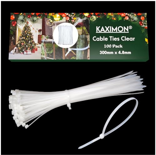 KAXIMON White Cable Ties 300mm X 4.8mm (100 Pack), Strong Clear Zip Ties | Heavy Duty Clear Plastic Cable Ties with 23kg Tensile Strength, Self-locking Nylon Ties Wraps for Home Garden Office Outdoor